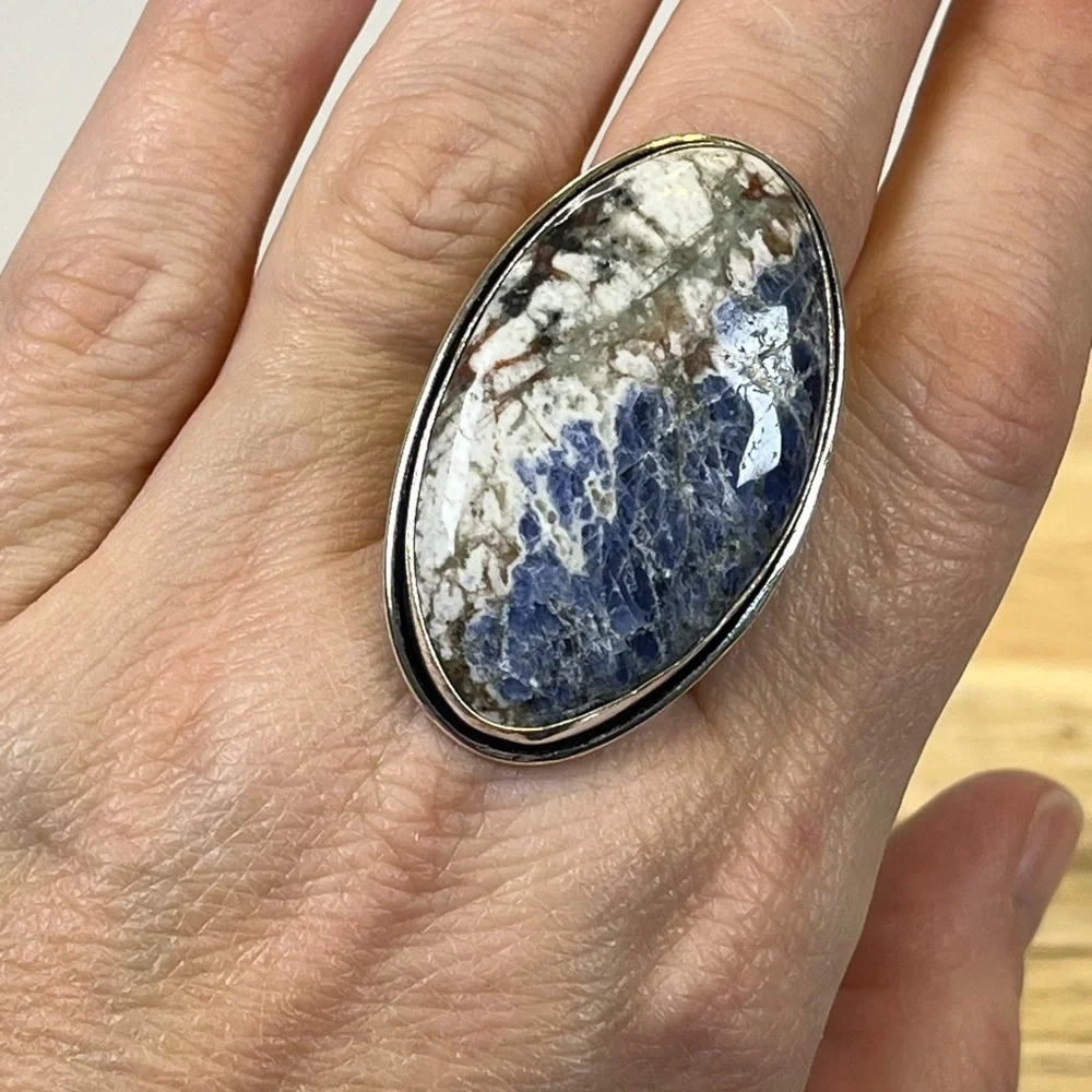 BLUE SODALITE GEMSTONE RING 925 SILVER OVERLAY SIZE 9.5 - Picture 7 of 8